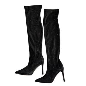 Knee High Stiletto Heel Boots Black Sparkle Sexy Holiday Size 5.5